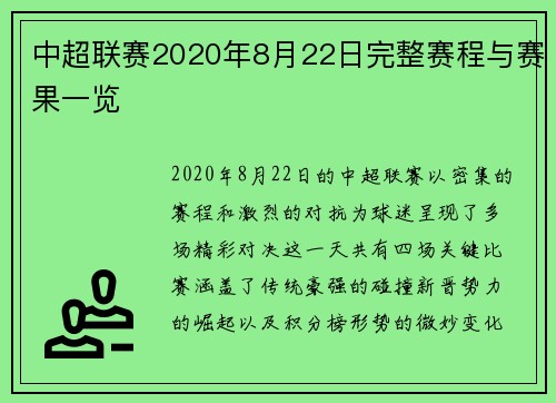 中超联赛2020年8月22日完整赛程与赛果一览